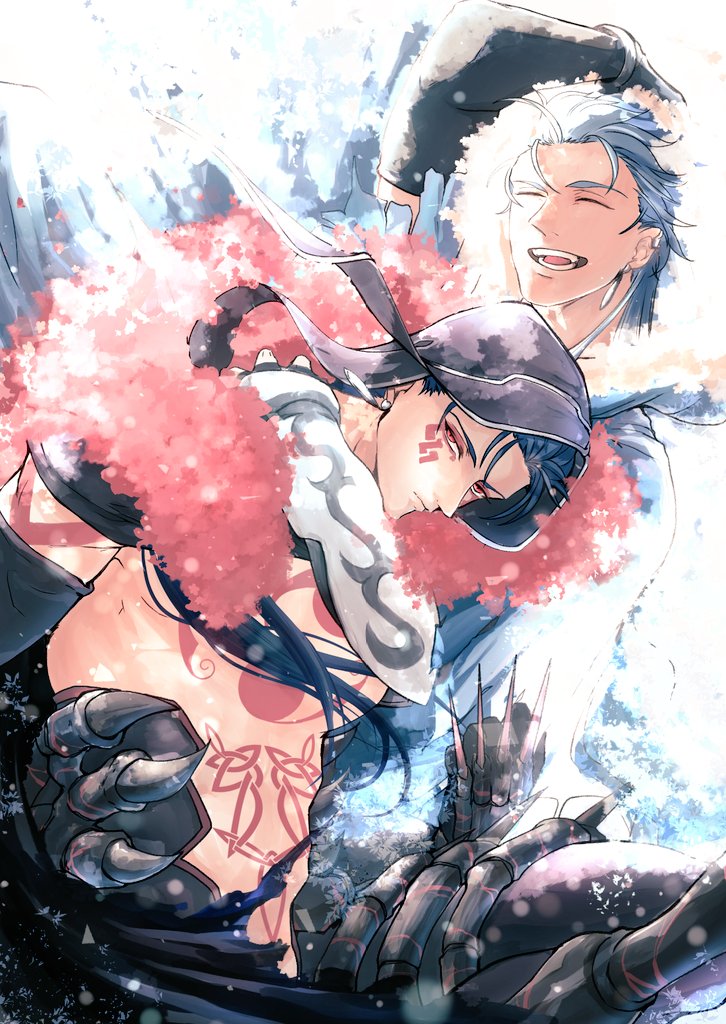 2boys betushio black_gloves blue_hair chest_tattoo closed_eyes closed_mouth cu_chulainn_(fate)_(all) cu_chulainn_(fate/grand_order) cu_chulainn_alter_(fate/grand_order) earrings elbow_gloves eyeshadow facepaint fate/grand_order fate_(series) gloves hood jewelry long_hair looking_at_viewer makeup male_focus multiple_boys open_mouth red_eyes red_eyeshadow smile spikes tattoo