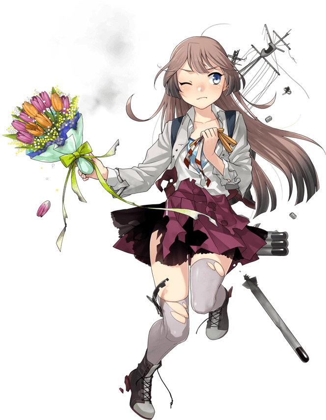 1girl aqua_neckwear blue_eyes boots bouquet brown_hair closed_mouth collared_shirt cross-laced_footwear flower fujikawa full_body grey_legwear holding holding_bouquet kantai_collection kazagumo_(kancolle) lace-up_boots long_hair machinery necktie official_art one_eye_closed orange_flower purple_flower purple_skirt purple_vest remodel_(kantai_collection) rigging shirt skirt solo thigh-highs torn_clothes torn_legwear torn_shirt torn_skirt torn_vest torpedo torpedo_launcher torpedo_tubes transparent_background vest white_shirt