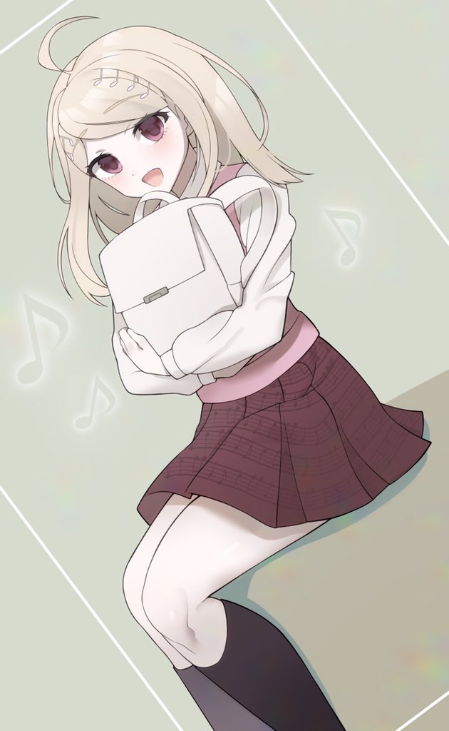 1girl :d ahoge akamatsu_kaede backpack bag bangs beamed_eighth_notes black_legwear blonde_hair braid commentary_request dangan_ronpa_(series) dangan_ronpa_v3:_killing_harmony dutch_angle eighth_note eyebrows_visible_through_hair feet_out_of_frame from_side grey_background hair_ornament happy holding holding_bag long_hair long_sleeves looking_at_viewer musical_note musical_note_hair_ornament open_mouth pink_vest pleated_skirt raimone_(nekokirinv3) randoseru school_uniform shirt skirt smile sweater_vest vest