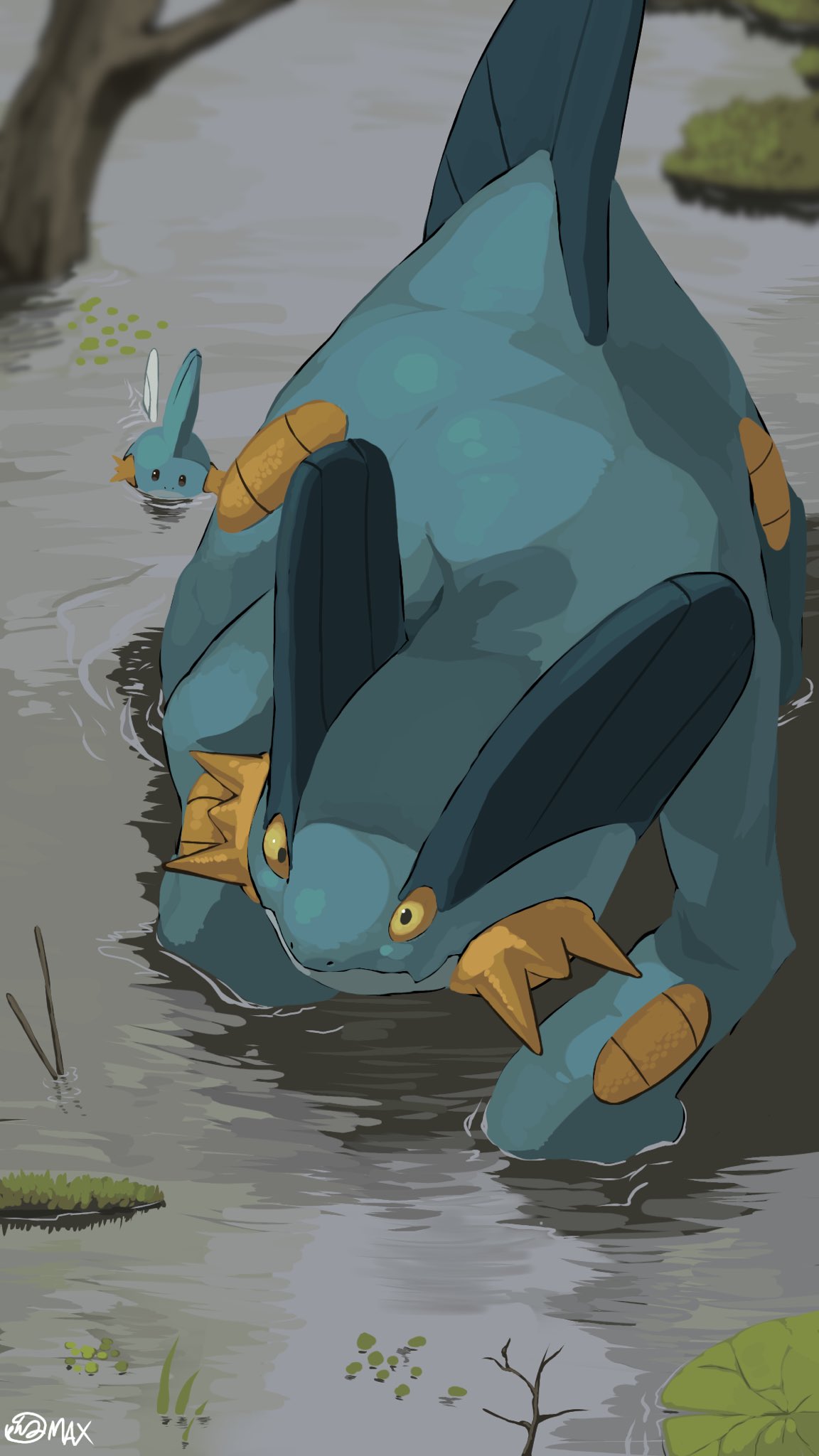 all_fours black_eyes blue_skin closed_mouth colored_skin commentary_request gen_3_pokemon highres max_(mhn_max) mudkip no_humans outdoors pokemon pokemon_(creature) signature swampert swimming water wetland yellow_eyes