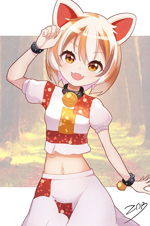 1girl :d animal_ears arm_at_side arm_up artist_name bangs bell black_collar border bracelet breasts cat_ears collar commentary_request cowboy_shot crop_top dappled_sunlight day eyebrows_visible_through_hair fangs goutokuji_mike hand_up head_tilt jewelry jingle_bell light_blush looking_at_viewer midriff multicolored_hair navel open_mouth orange_eyes outside_border puffy_short_sleeves puffy_sleeves shirt short_hair short_sleeves shorts signature silver_hair skin_fangs small_breasts smile solo streaked_hair sunlight touhou trail tree white_border white_shirt white_shorts z.o.b