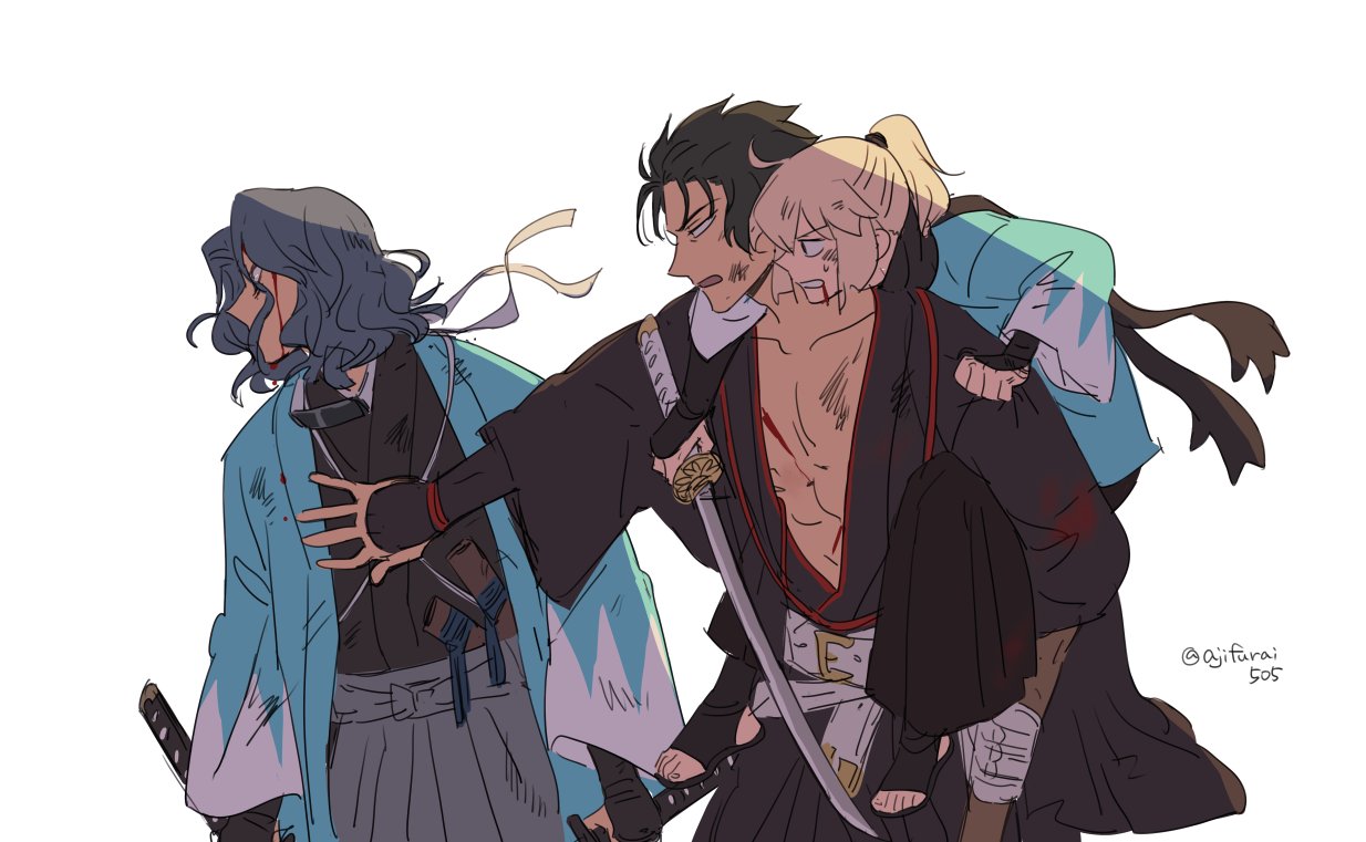 1girl 2boys arm_guards asaya_minoru bangs belt belt_buckle black_hair black_hakama black_kimono black_scarf blood blood_from_mouth blue_kimono buckle clenched_teeth collarbone eyebrows_visible_through_hair fate/grand_order fate_(series) grey_hair grey_hakama hair_between_eyes hakama hijikata_toshizou_(fate) holding holding_sword holding_weapon japanese_clothes katana kimono koha-ace light_brown_hair long_sleeves looking_away multiple_boys okita_souji_(fate) okita_souji_(fate)_(all) open_clothes ponytail profile saitou_hajime_(fate) scarf simple_background sword teeth twitter_username v-shaped_eyebrows weapon white_background white_belt wide_sleeves