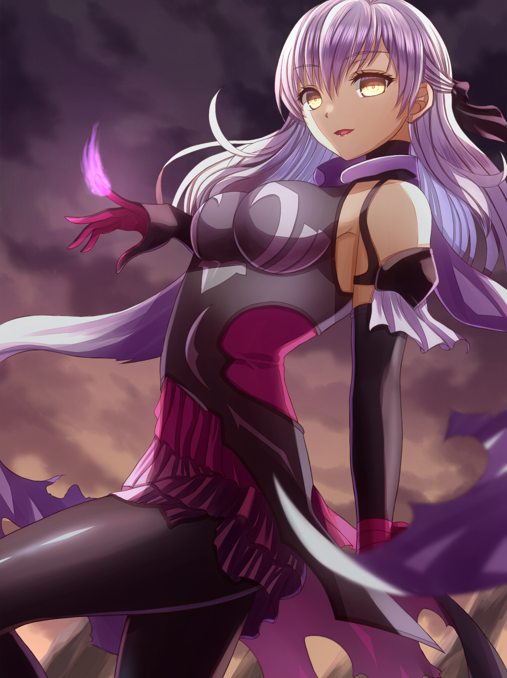 1girl adapted_costume aura bangs bare_shoulders black_background black_gloves black_legwear blurry bow breasts clouds cloudy_sky dark_aura dark_clouds dark_persona depth_of_field dress elbow_gloves empty_eyes fire_emblem fire_emblem:_radiant_dawn fire_emblem_heroes gloves highres lips long_hair looking_at_viewer micaiah_(fire_emblem) official_alternate_costume shaded_face short_dress silver_hair sky sleeveless sleeveless_dress solo torn_clothes yellow_eyes youzu