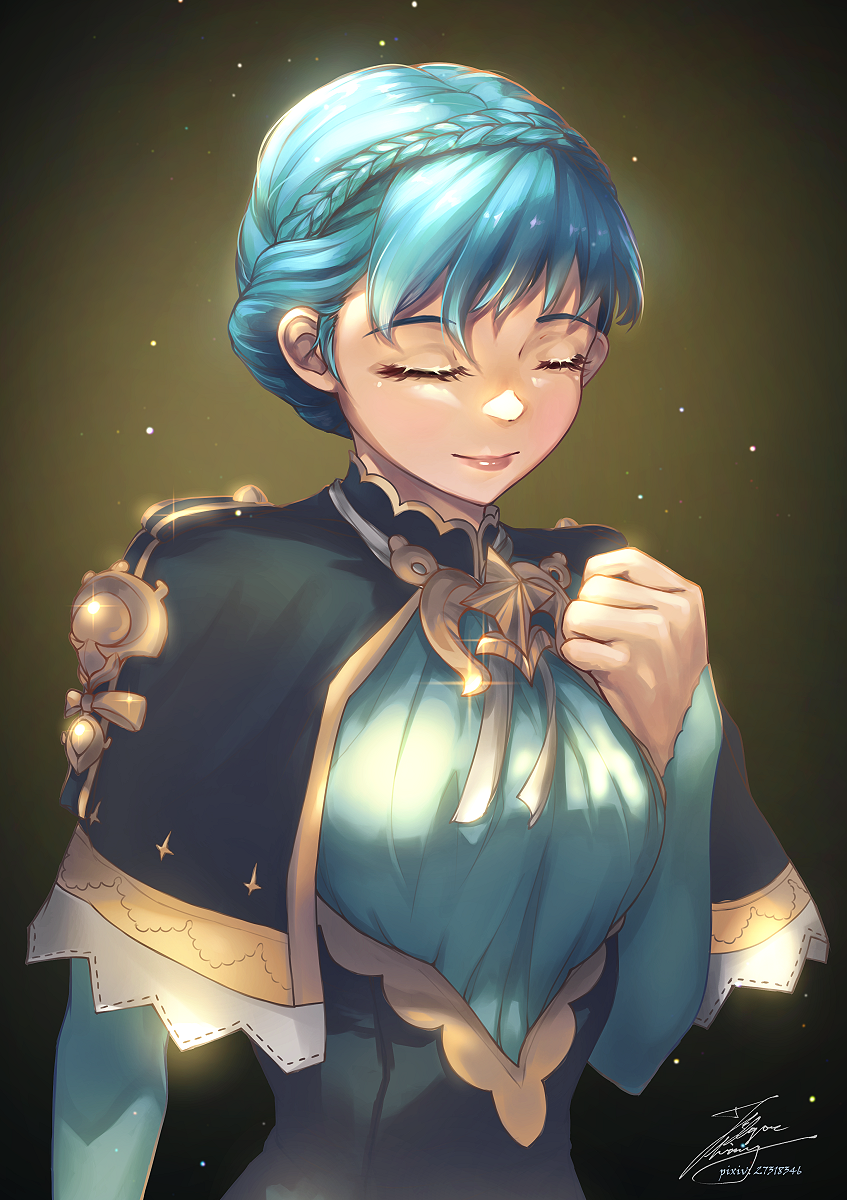 1girl blue_hair braid breasts closed_eyes closed_mouth crown_braid fadingz fire_emblem fire_emblem:_three_houses glint highres large_breasts light lips marianne_von_edmund smile solo upper_body