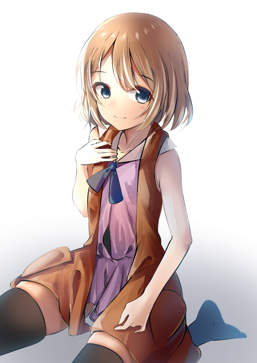 1girl bangs bare_arms blue_eyes blush brown_legwear closed_mouth collarbone commentary_request eyebrows_visible_through_hair eyelashes hand_up highres light_brown_hair natsume_suzuri neck_ribbon pokemon pokemon_(game) pokemon_xy ribbon serena_(pokemon) short_hair sideways_glance sitting sleeveless_duster smile solo thigh-highs