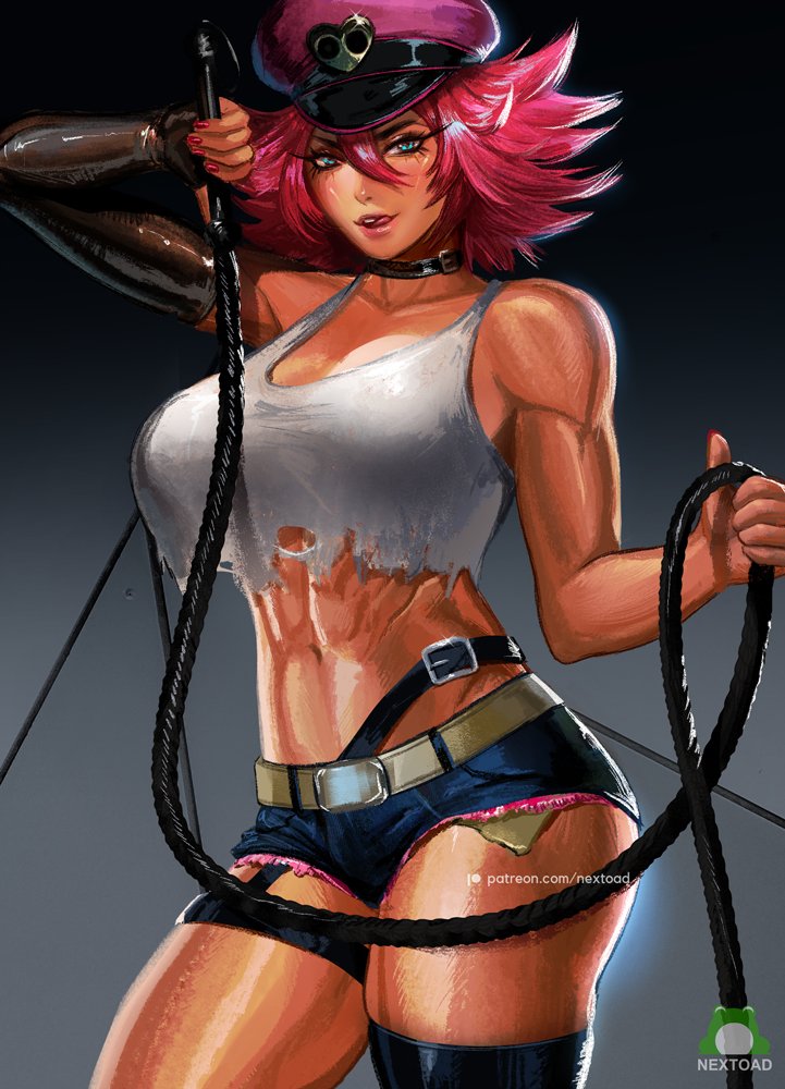 1girl abs bare_shoulders belt black_choker black_gloves blue_eyes breasts choker crop_top cutoffs denim denim_shorts elbow_gloves fingerless_gloves gloves gradient gradient_background large_breasts looking_at_viewer midriff muscular muscular_female nextoad patreon_username pink_hair poison_(final_fight) shorts simple_background single_elbow_glove single_fingerless_glove single_garter_strap single_thighhigh solo spiky_hair strap_gap street_fighter thick_thighs thigh-highs thighs tongue tongue_out torn_tank_top watermark whip