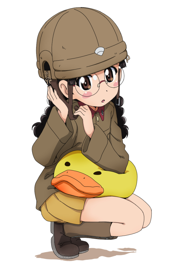 1girl adjusting_clothes adjusting_headwear black_hair blush_stickers boots braid brown_eyes brown_footwear brown_headwear brown_jacket chi-hatan_military_uniform commentary fukuda_(girls_und_panzer) girls_und_panzer glasses helmet holding holding_stuffed_toy jacket kanau knee_boots long_hair long_sleeves looking_at_viewer military military_uniform miniskirt parted_lips pleated_skirt rimless_eyewear round_eyewear simple_background skirt solo squatting stuffed_animal stuffed_duck stuffed_toy twin_braids twintails uniform white_background yellow_skirt