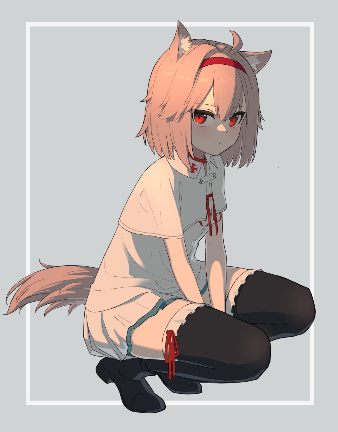 1girl animal_ear_fluff animal_ears black_legwear boots brown_hair capelet commission expressionless frilled_legwear full_body hairband highres kawara_pigeon red_eyes shirt short_hair skeb_commission skirt squatting tail thigh-highs vrchat zettai_ryouiki