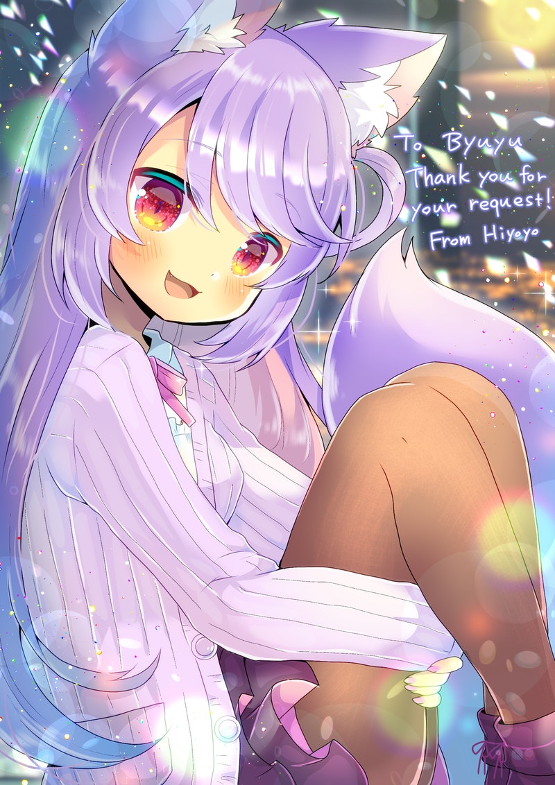 1girl :d animal_ear_fluff animal_ears bangs blurry blurry_background blush boots bow breasts brown_legwear byuyu collared_shirt depth_of_field english_text eyebrows_visible_through_hair feet_out_of_frame flower hair_between_eyes indie_virtual_youtuber jacket knees_up kouu_hiyoyo layered_skirt leg_hug long_hair long_sleeves looking_at_viewer nail_polish open_clothes open_jacket open_mouth pantyhose pink_bow pink_jacket pink_nails pleated_skirt purple_flower purple_hair purple_skirt red_eyes shirt sitting skirt small_breasts smile solo thank_you very_long_hair virtual_youtuber white_shirt