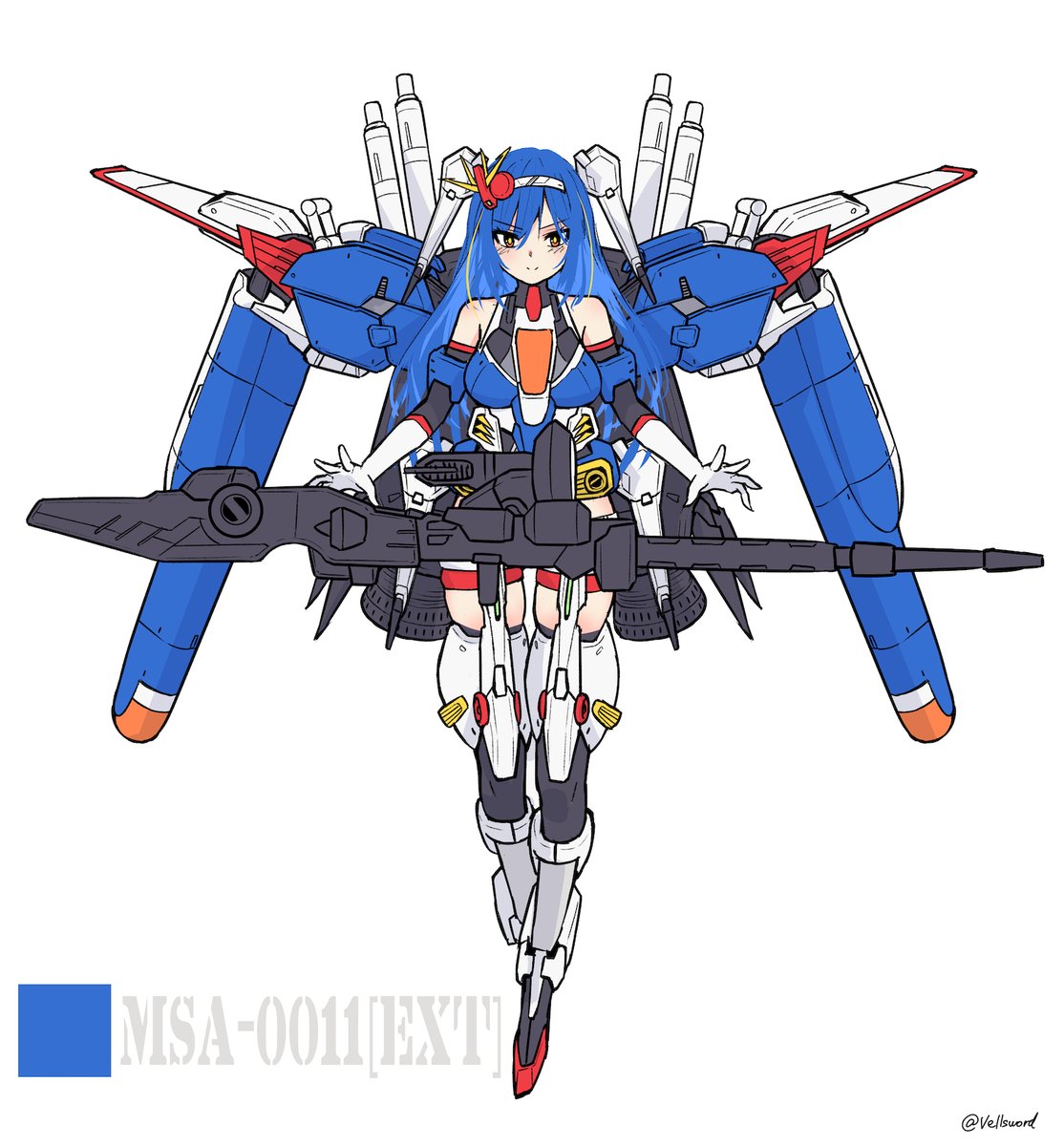 1girl blue_hair boots breasts brown_eyes ex-s_gundam eyebrows_visible_through_hair gloves gun gundam gundam_sentinel highres i.takashi looking_down mecha_musume medium_breasts open_hands personification shoulders skindentation smile solo thigh-highs thigh_boots v-fin v-shaped_eyebrows weapon white_background white_gloves