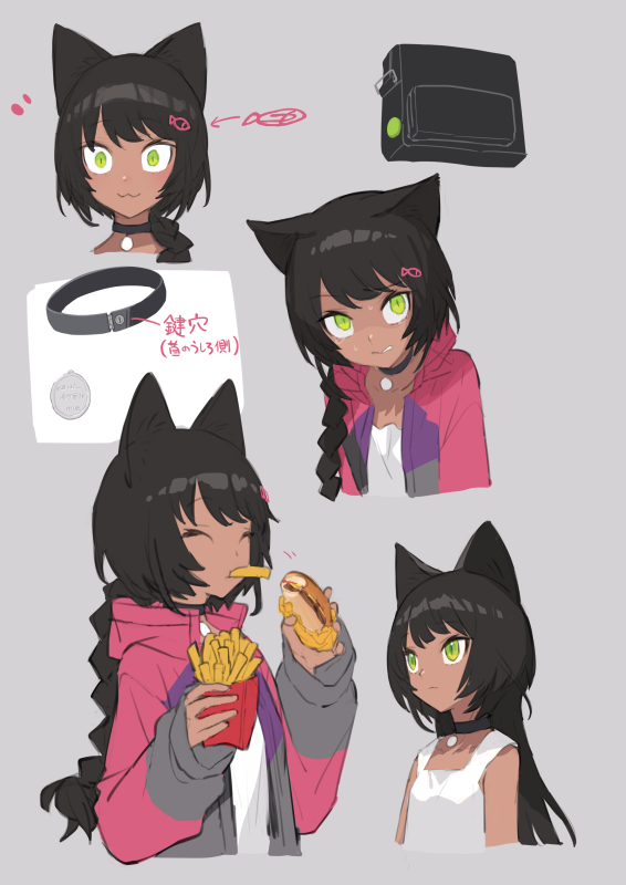 1girl :3 animal_ears bangs black_hair braid braided_ponytail cat_ears cat_girl chorefuji closed_eyes closed_mouth collar commentary_request dark_skin dark-skinned_female eating eyelashes fish_hair_ornament food french_fries green_eyes hair_ornament hamburger holding long_hair long_sleeves looking_up mouth_hold multiple_views original parted_lips sleeveless smile sweat