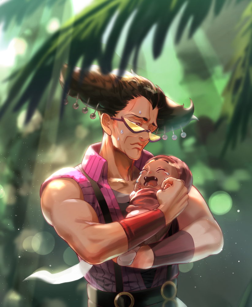 2boys alessi at4190_(user_vzac7788) baby bell brown_hair closed_mouth collared_shirt crying fangs hair_ornament holding_baby jojo_no_kimyou_na_bouken lips mannish_boy multiple_boys outdoors palm_tree pink_shirt red_eyes shirt sleeveless stardust_crusaders sunglasses suspenders tears tree