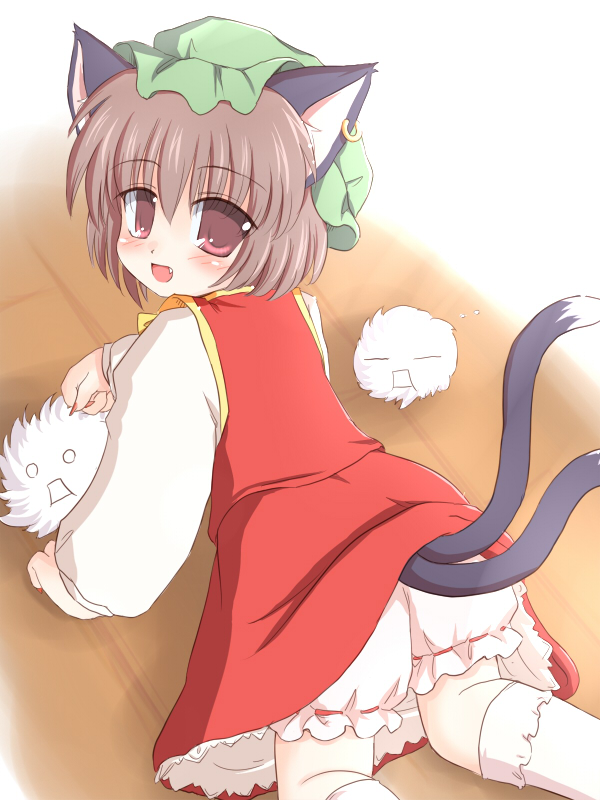 bloomers brown_hair cat_ears cat_tail chen earrings hat jewelry kedama multiple_tails ry short_hair tail touhou