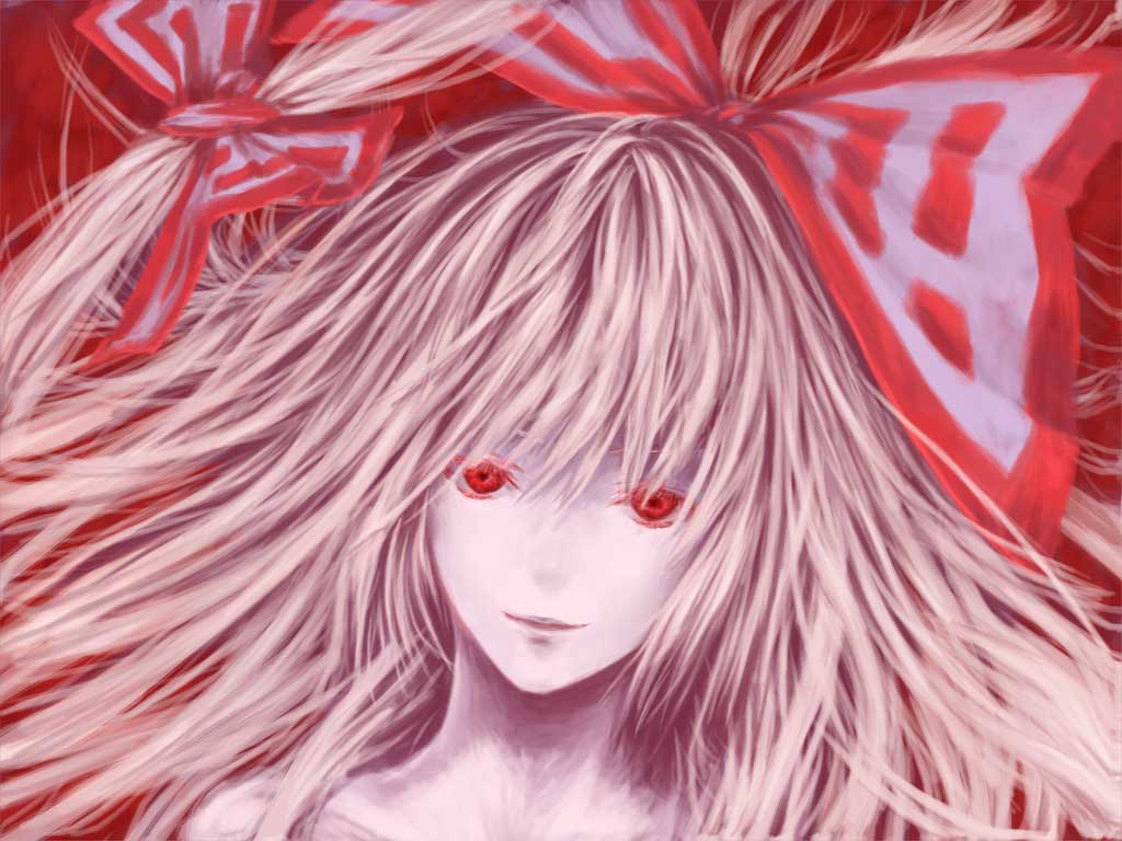 1024x768 creepy fujiwara_no_mokou hair_ribbon hair_ribbons long_hair red_eyes ribbon ribbons touhou wallpaper