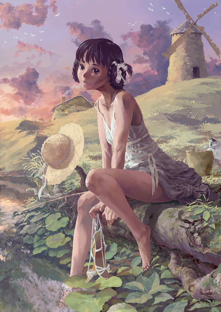 basket bird birds braid cat chimney cloud clouds creek dress fantasy fishing hat house legs nature original plant plants reise ribbon ribbons scenery shoes sky smoke straw_hat sunset twin_braids windmill