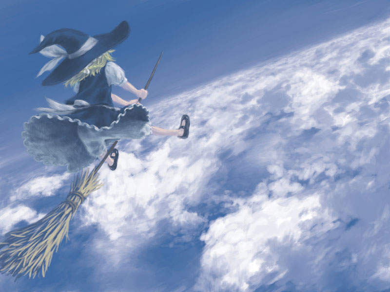 800x600 blonde_hair broom broom_riding chiki_(botsugo) cloud clouds flying hat kirisame_marisa sky solo touhou wallpaper witch witch_hat