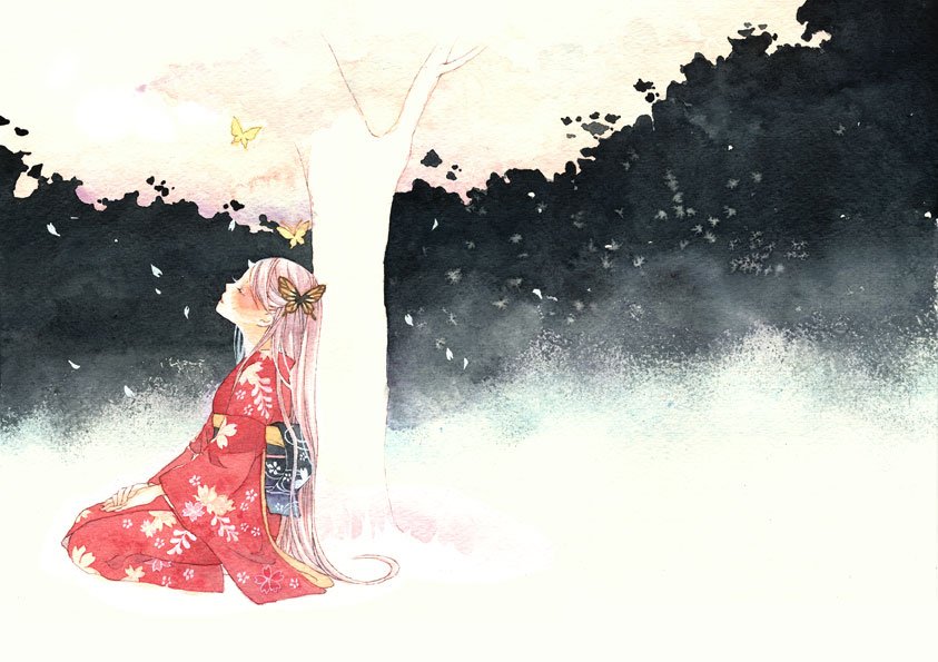 butterflies japanese_clothes kimono sleeping traditional_media tree trees watercolor_(medium) yuufuushi