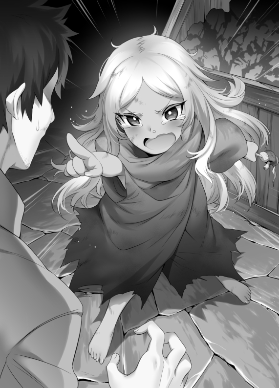 1boy 1girl bangs blush breasts cloak greyscale loli long_hair m-da_s-tarou monochrome open_mouth pointing pointing_at_viewer short_hair small_breasts tearing_up