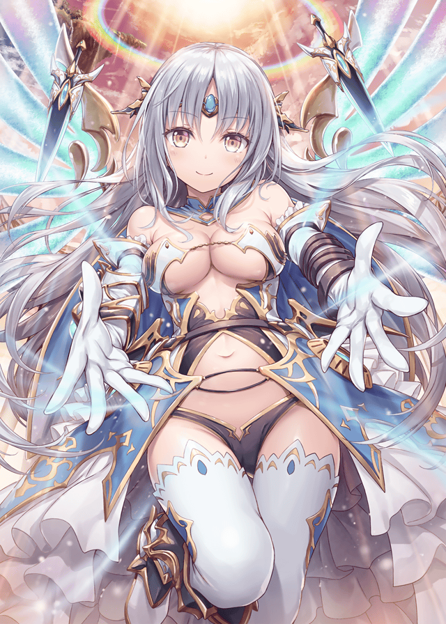 1girl akkijin armor bikini bikini_armor breasts elbow_gloves gloves halo large_breasts long_hair looking_at_viewer official_art oracle_(shinkai_no_valkyrie) rainbow shinkai_no_valkyrie silver_hair sky stomach swimsuit sword thigh-highs tiara weapon white_gloves wings yellow_eyes