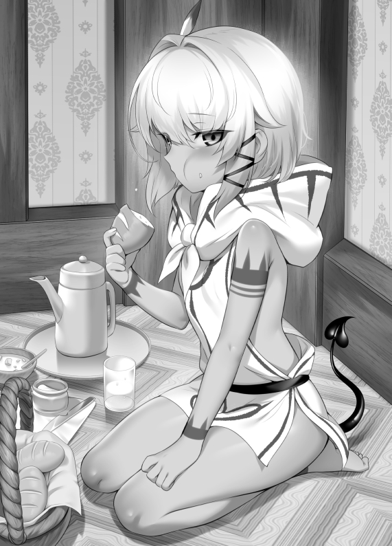 1girl bangs blush bread breasts cup demon_tail food greyscale looking_at_viewer m-da_s-tarou monochrome seiza short_hair sitting small_breasts tail teapot thighs