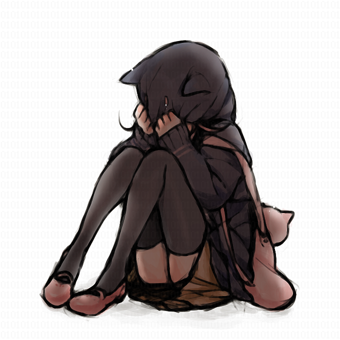 1girl amaiha animal_bag animal_ears animal_hood ass backpack bag black_jacket black_legwear brown_skirt cat_bag cat_hood commentary_request covering_face dangan_ronpa_(series) dangan_ronpa_2:_goodbye_despair fake_animal_ears flipped_hair hood hood_pull hood_up hooded_jacket jacket knees_up long_sleeves nanami_chiaki pink_footwear shoes simple_background sitting skindentation skirt sleeves_past_wrists solo thigh-highs white_background