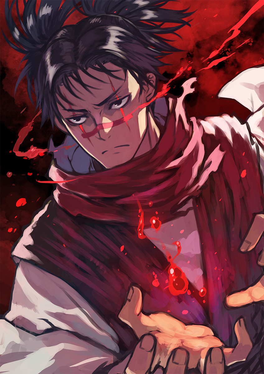 1boy bangs black_eyes black_hair blood blood_on_face choso_(jujutsu_kaisen) closed_mouth dutch_angle facial_mark half-closed_eyes highres incoming_attack japanese_clothes jujutsu_kaisen kimono long_sleeves looking_away male_focus out_of_frame red_background rumie sash scarf serious simple_background solo swept_bangs tattoo twintails upper_body white_kimono wide_sleeves