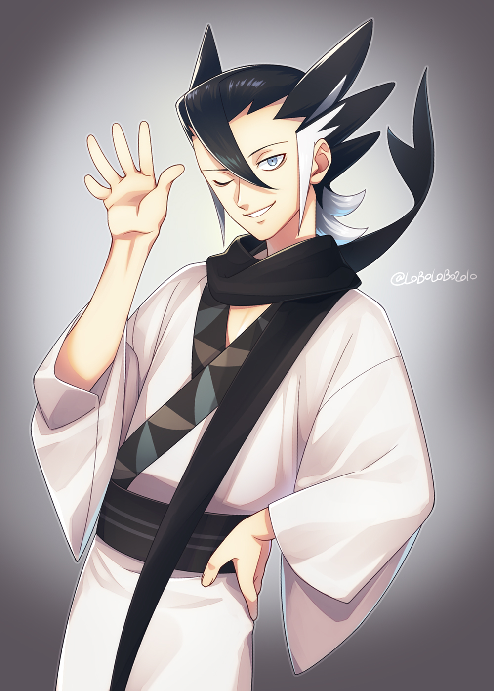1boy bangs black_hair black_scarf commentary_request grey_eyes grimsley_(pokemon) hair_between_eyes hand_on_hip hand_up head_tilt highres looking_at_viewer male_focus momoji_(lobolobo2010) multicolored_hair one_eye_closed parted_lips pokemon pokemon_(game) pokemon_sm scarf smile solo spiky_hair two-tone_hair waving white_hair