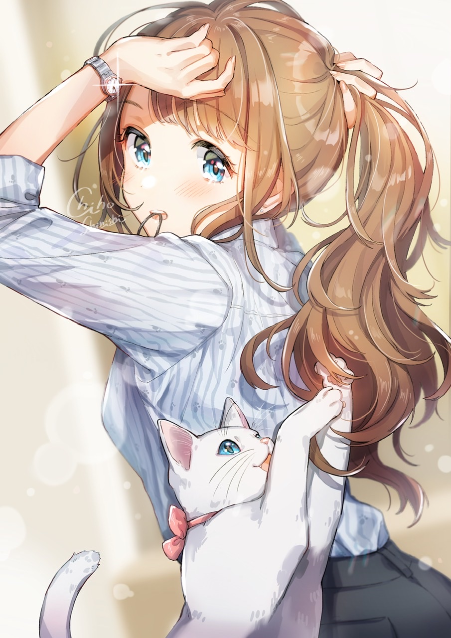 1girl arms_up black_pants blue_eyes breasts brown_hair cat eyebrows_visible_through_hair hair_behind_ear hairband highres long_hair looking_at_viewer mouth_hold original pants piroshiki123 ponytail shirt shirt_tucked_in sidelocks signature sleeves_rolled_up small_breasts solo striped striped_shirt tying_hair upper_body watch watch wavy_hair white_cat white_shirt