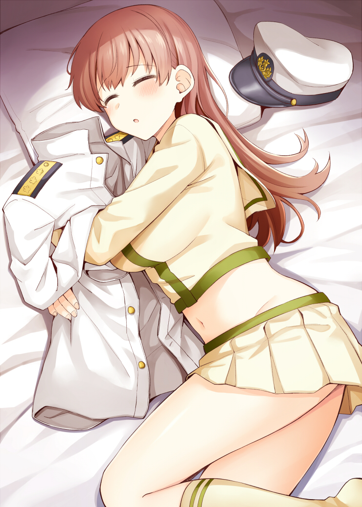 1girl bed_sheet blush breasts brown_hair commentary eyebrows_visible_through_hair hat kantai_collection kneehighs large_breasts long_hair long_sleeves military military_uniform naval_uniform navel ooi_(kancolle) parted_lips peaked_cap pillow pleated_skirt remodel_(kantai_collection) revision rui_shi_(rayze_ray) school_uniform serafuku skirt sleeping solo uniform yellow_legwear yellow_skirt