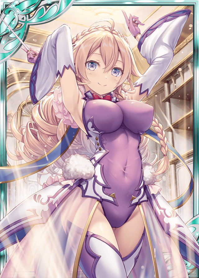 1girl akkijin arm_warmers armpits arms_up auditorium baton_(instrument) blonde_hair braid breasts gloves indoors large_breasts leotard long_hair looking_at_viewer official_art purple_gloves purple_leotard red_ribbon ribbon see-through shinkai_no_valkyrie smile thigh-highs violet_eyes