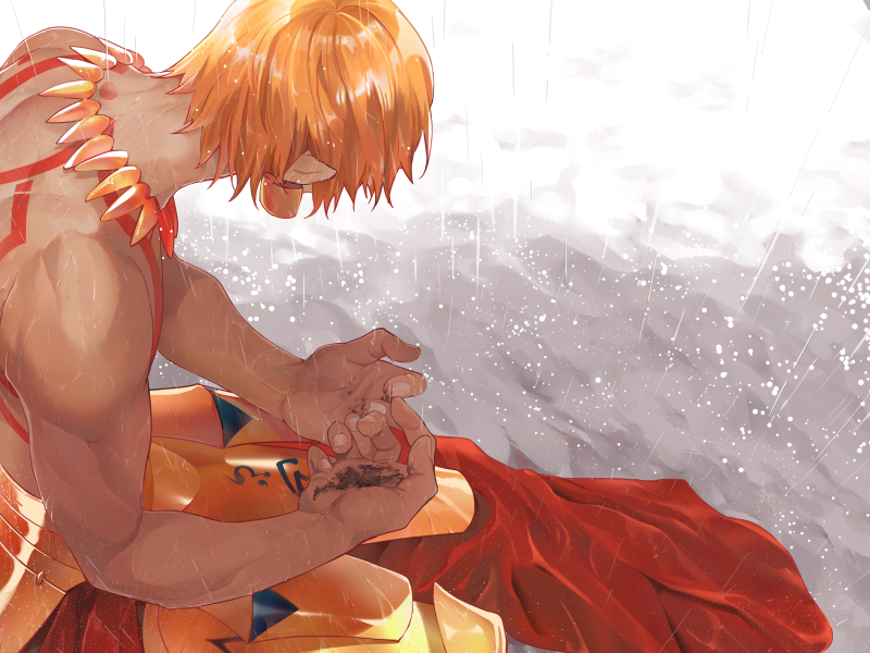 1boy armor blackirish1988 blonde_hair earrings facing_away fate/stay_night fate_(series) fingernails gilgamesh gold_armor gold_earrings gold_necklace jewelry kneeling male_focus necklace rain red_waist_cape shirtless solo tattoo waist_cape wet