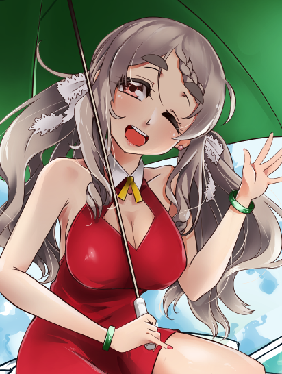 1girl alternate_costume alternate_hairstyle bare_shoulders braid braided_bangs brown_eyes collarbone commentary_request dress green_umbrella grey_hair hair_ribbon kantai_collection long_hair low_twintails open_mouth pola_(kancolle) racequeen red_dress ribbon round_teeth solo teeth thick_eyebrows twintails umbrella upper_body upper_teeth uzuki_kosuke wavy_hair white_ribbon