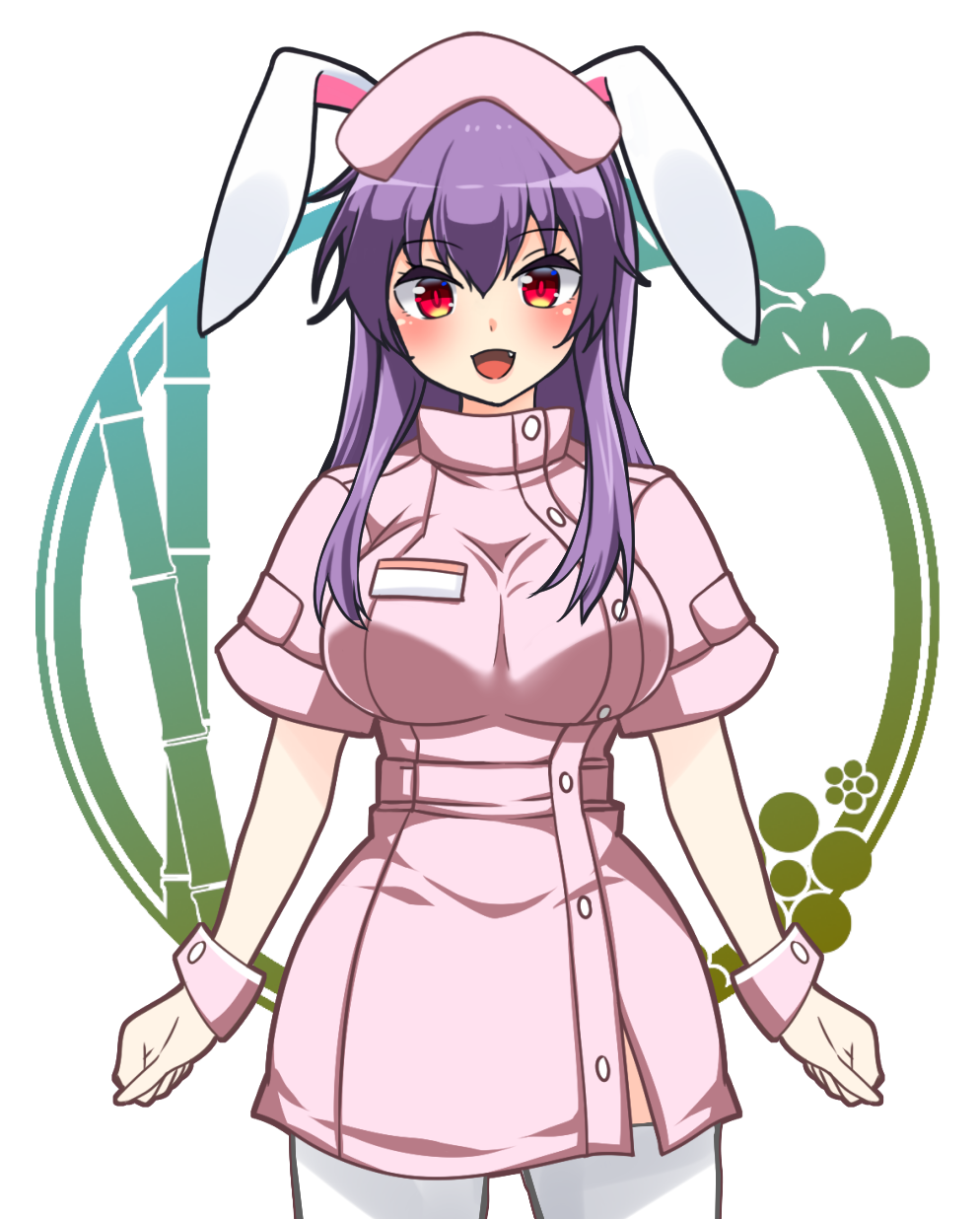 1girl animal_ears bamboo blush breasts eyebrows_visible_through_hair fang hat highres id_card large_breasts light_purple_hair long_hair looking_at_viewer nurse nurse_cap open_mouth purple_hair rabbit_ears red_eyes reisen_udongein_inaba solo touhou very_long_hair white_legwear yagami_(mukage)