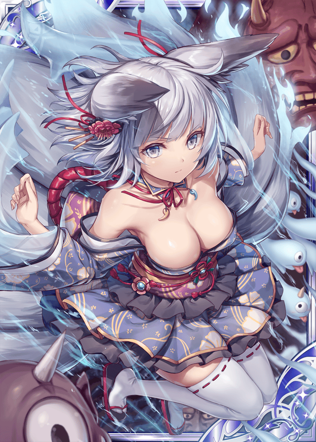 1girl akkijin animal_ears armpits bare_shoulders breasts fox_ears fox_girl fox_tail frilled_skirt frills ghost hair_ornament hitodama japanese_clothes looking_at_viewer medium_breasts multiple_tails official_art shinkai_no_valkyrie short_hair silver_hair skirt sky tail thigh-highs violet_eyes