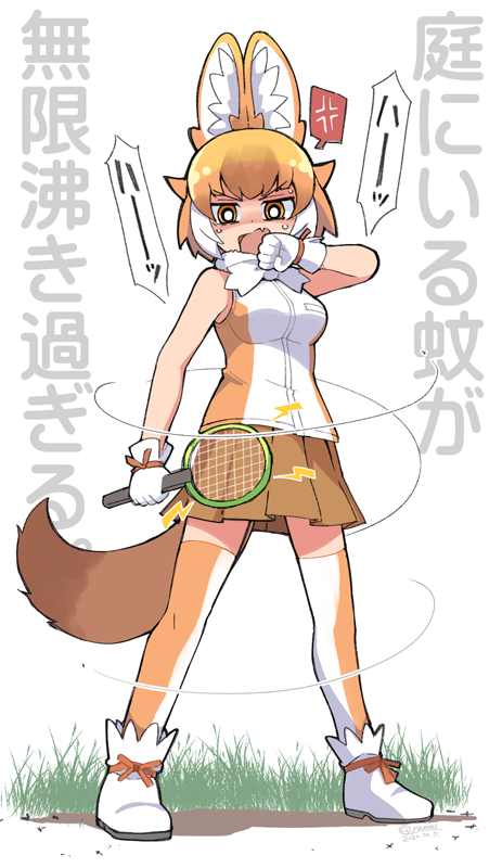 1girl anger_vein angry animal_ear_fluff animal_ears ankle_boots arm_at_side bangs bare_arms bare_shoulders boots bow bowtie breast_pocket breasts bright_pupils brown_hair brown_ribbon brown_skirt bug bug_zapper clenched_hand d: dated dhole_(kemono_friends) dog_ears dog_girl dog_tail dot_nose fang footwear_ribbon from_below from_side full_body fur_collar gloves grass heavy_breathing holding holding_racket insect jitome kemono_friends kemono_friends_3 legs_apart light_brown_hair lightning_bolt looking_at_viewer looking_to_the_side medium_breasts mosquito motion_lines multicolored_hair open_mouth orange_eyes orange_hair outdoors pleated_skirt pocket racket ribbon shaded_face shirt skirt sleeveless sleeveless_shirt solo spoken_anger_vein standing sweat tail thigh-highs translation_request twitter_username two-tone_legwear two-tone_shirt v-shaped_eyebrows white_background white_bow white_footwear white_gloves white_hair white_legwear white_neckwear white_pupils white_shirt wiping_face wiping_sweat yamai zettai_ryouiki