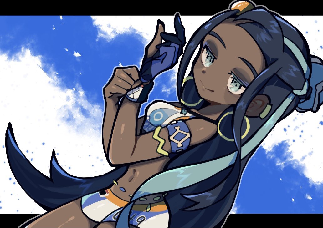 1girl armlet belly_chain bike_shorts black_hair blue_eyeshadow closed_mouth clouds commentary_request dark_skin dark-skinned_female donguri_big dynamax_band ear_piercing earrings eyelashes eyeshadow gloves green_eyes green_hair gym_leader hair_bun hands_up hoop_earrings jewelry long_hair makeup multicolored_hair navel necklace nessa_(pokemon) number piercing pokemon pokemon_(game) pokemon_swsh single_glove sky smile solo two-tone_hair