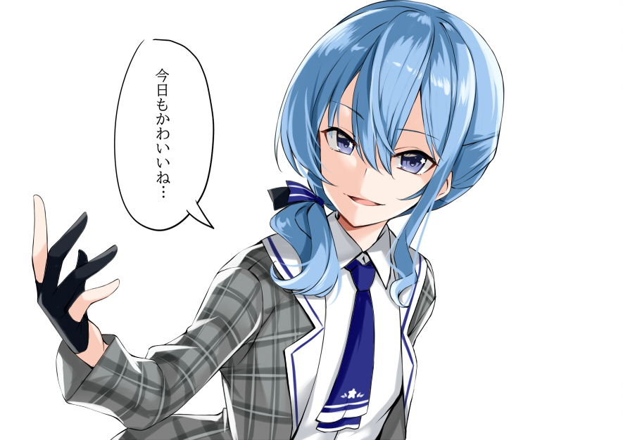 1boy bangs blue_eyes blue_hair blush genderswap genderswap_(ftm) gloves hair_between_eyes hololive hoshimachi_suisei ky_kosuke long_hair looking_at_viewer necktie open_mouth smile solo star_(symbol) virtual_youtuber