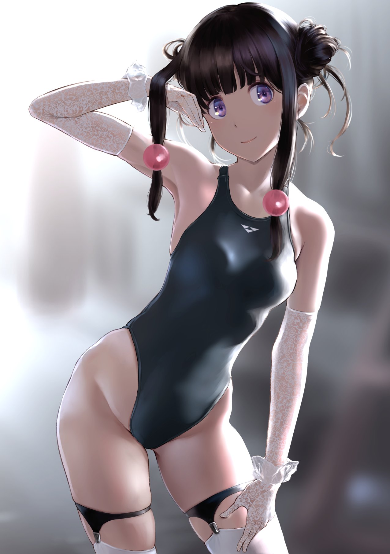 1girl arm_up armpits bangs bare_shoulders black_hair black_swimsuit blush breasts commentary_request competition_swimsuit cowboy_shot double_bun elbow_gloves garter_straps gloves goggles hair_bobbles hair_ornament highleg highleg_swimsuit highres long_hair looking_at_viewer medium_breasts one-piece_swimsuit original sidelocks simple_background skindentation smile solo swimsuit thigh_strap thighs violet_eyes wa_(genryusui)