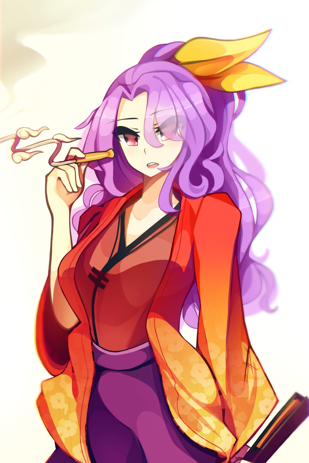 1girl blowing_smoke closed_fan eyebrows_visible_through_hair fan folding_fan highres holding holding_fan holding_pipe japanese_clothes kaliningradg kimono kiseru komakusa_sannyo long_hair long_sleeves looking_at_viewer open_mouth pipe purple_hair purple_skirt red_eyes red_kimono red_robe ribbon simple_background skirt smoke smoking solo tobacco touhou white_background yellow_ribbon