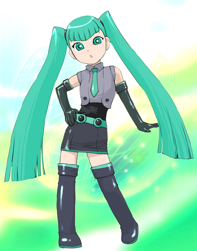 1girl bare_shoulders black_legwear boots breasts detached_sleeves dress drossel_von_flugel fireball_(series) full_body fusion green_eyes green_hair hair_ornament hand_on_hip hatsune_miku long_hair looking_at_viewer necktie open_mouth skirt sleeveless solo standing thigh-highs thigh_boots twintails ueyama_michirou vocaloid