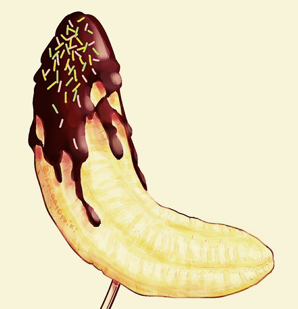 arinko_(a_ringo_hoppe) artist_name banana chocolate chocolate_banana commentary_request food food_focus fruit jpeg_artifacts no_humans original signature simple_background skewer sprinkles still_life twitter_username yellow_background yellow_theme