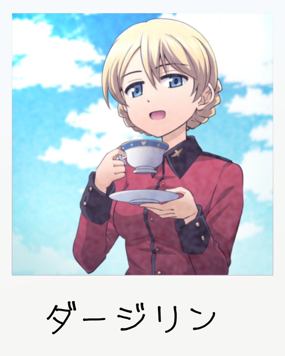 1girl bangs blonde_hair blue_eyes blue_sky braid character_name clouds cloudy_sky commentary_request cup darjeeling_(girls_und_panzer) day eyebrows_visible_through_hair girls_und_panzer haniwa_(leaf_garden) highres holding holding_cup holding_saucer jacket long_sleeves looking_at_viewer military military_uniform open_mouth partial_commentary polaroid red_jacket saucer short_hair sky smile solo st._gloriana's_military_uniform teacup tied_hair twin_braids uniform