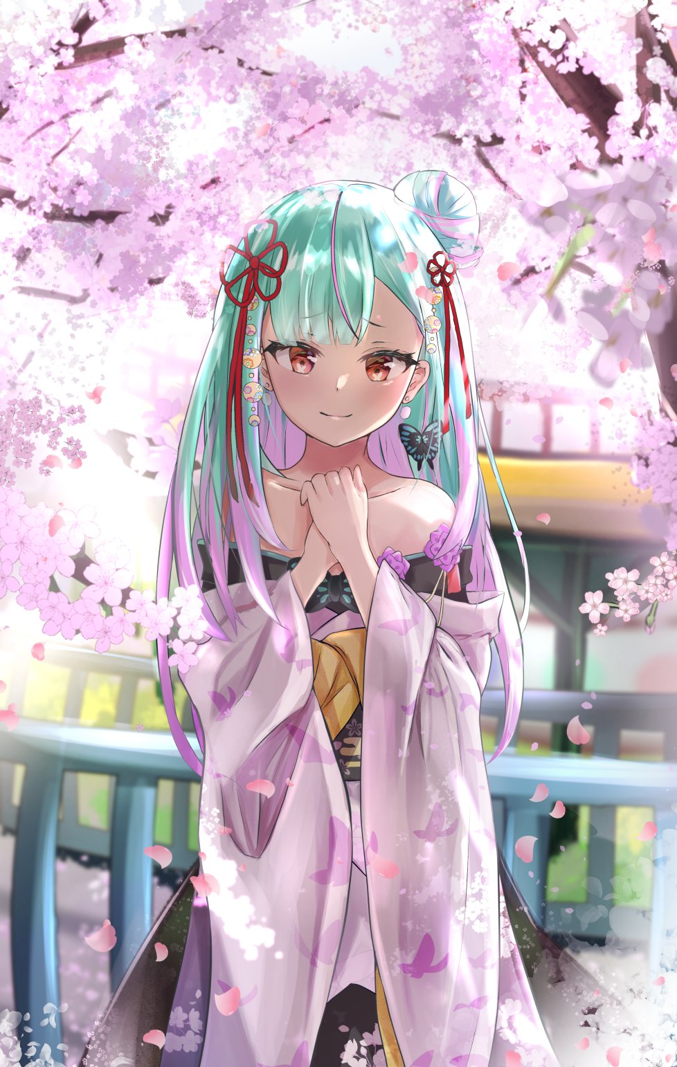 1girl animal_print bangs bare_shoulders blush bridge butterfly_hair_ornament butterfly_print cherry_blossoms collarbone derk_maxx dress earrings eyebrows_visible_through_hair gradient_hair green_hair hair_ornament hair_ribbon highres hololive hololive_fantasy japanese_clothes jewelry kimono long_hair looking_at_viewer multicolored_hair off-shoulder_kimono pink_hair red_eyes ribbon side_bun smile solo streaked_hair uruha_rushia virtual_youtuber