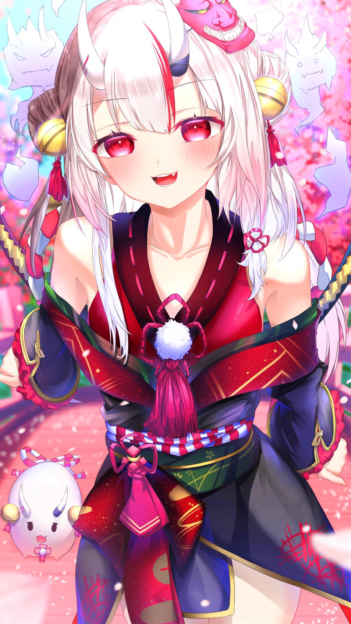 1girl bangs bare_shoulders bell blush bridge cherry_blossoms collarbone double_bun dress eyebrows_visible_through_hair fang hair_ornament highres hololive horn_ornament horns japanese_clothes kouhaku_nawa long_hair looking_at_viewer multicolored_hair nakiri_ayame off-shoulder_dress off_shoulder oni oni_horns oni_mask open_mouth pom_pom_(clothes) poyoyo_(nakiri_ayame) red_eyes redhead silver_hair sleeves_past_wrists smile solo sorataka0930 streaked_hair sword virtual_youtuber weapon