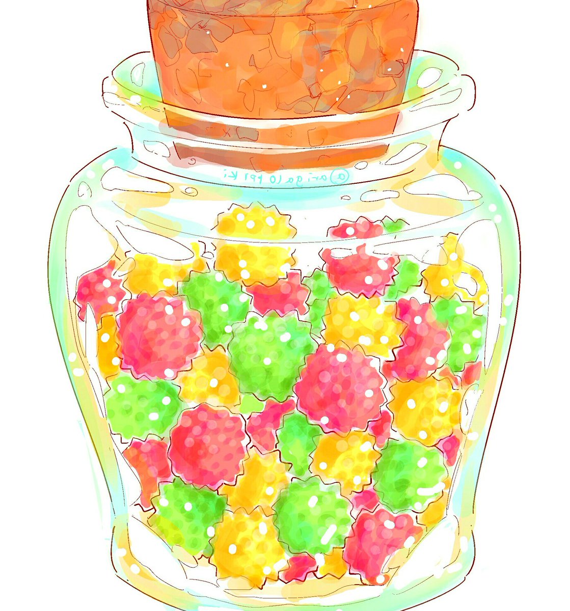 arinko_(a_ringo_hoppe) artist_name candy commentary_request cork food food_focus glass highres jar jpeg_artifacts konpeitou no_humans original shiny signature simple_background sketch still_life twitter_username white_background