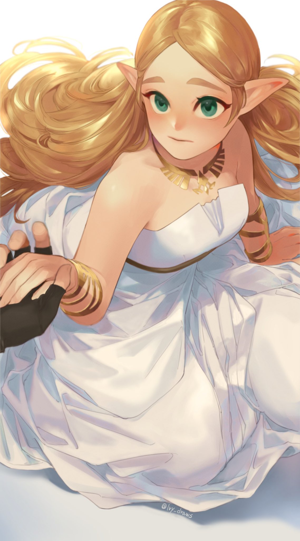 1girl bangs bare_shoulders blonde_hair blush bracelet breasts brown_gloves closed_mouth dress fingerless_gloves from_above gloves highres holding_hands iva_(sena0119) jewelry long_hair looking_at_viewer medium_breasts official_alternate_costume parted_bangs pointy_ears princess_zelda simple_background sleeveless sleeveless_dress solo_focus strapless sweat the_legend_of_zelda the_legend_of_zelda:_breath_of_the_wild twitter_username white_background white_dress