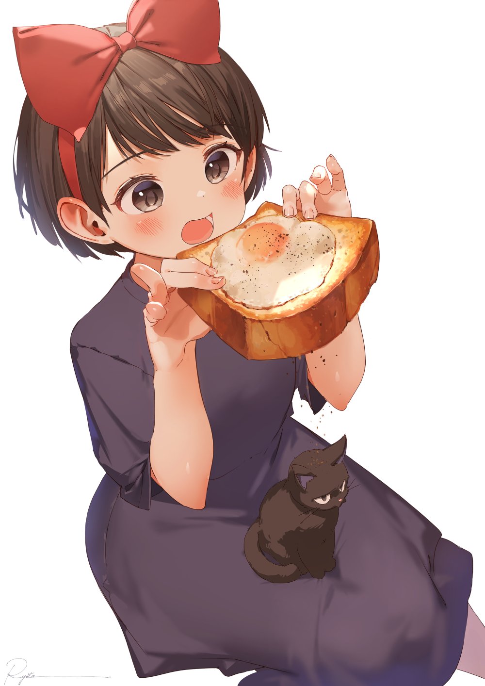 1girl black_dress black_eyes black_fur black_hair blush_stickers crumbs dress egg food hair_ribbon highres jiji_(majo_no_takkyuubin) kiki majo_no_takkyuubin open_mouth red_ribbon ribbon ryota_(ry_o_ta) toast