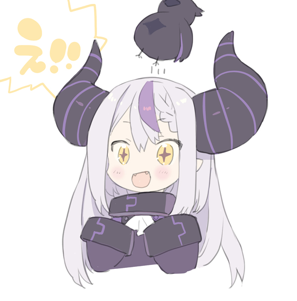 +_+ 1girl :d animal bird black_dress blade_(galaxist) blush chibi commentary_request cropped_torso crow crow_(la+_darknesss) demon_horns dress fangs grey_hair hands_up hololive horns la+_darknesss long_hair long_sleeves multicolored_hair purple_hair simple_background sleeves_past_fingers sleeves_past_wrists smile solo streaked_hair translation_request upper_body virtual_youtuber white_background yellow_eyes