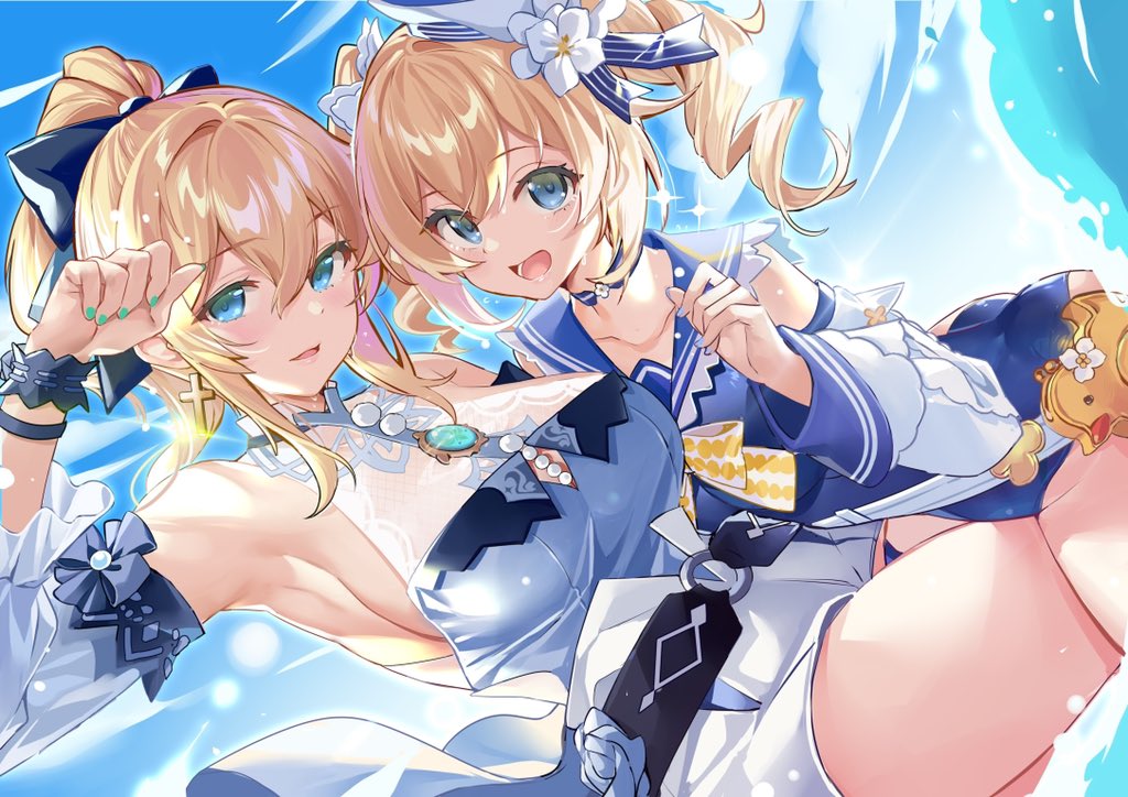 2girls armpits ass bag barbara_pegg bare_shoulders bird blonde_hair blouse blue_blouse blue_eyes blue_sky bow breasts choker cross cross_earrings detached_sleeves drill_hair duck earrings flower genshin_impact hair_bow hair_flower hair_ornament jean_gunnhildr jewelry kikimi large_breasts long_sleeves looking_at_viewer multiple_girls nail_polish ocean one-piece_swimsuit open_mouth ponytail shorts siblings sideboob sisters sky sleeveless smile swimsuit thighs twin_drills twintails white_shorts