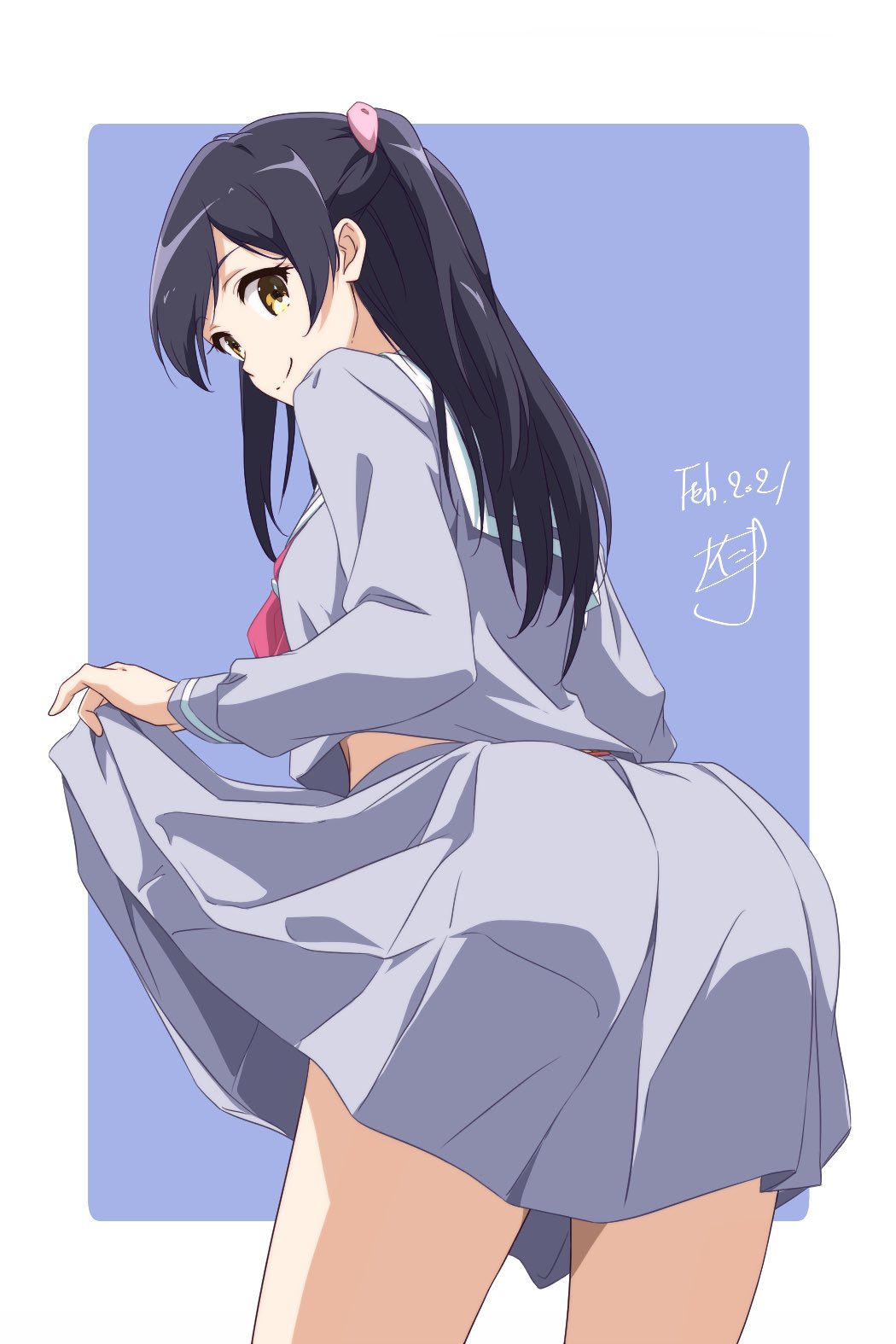 1girl ass bent_over black_hair closed_mouth dated from_behind grey_shirt grey_skirt highres long_hair long_sleeves looking_at_viewer looking_back neckerchief nii_manabu original pleated_skirt ponytail red_neckwear sailor_collar school_uniform serafuku shirt signature simple_background skirt skirt_lift smile solo two-tone_background uniform yellow_eyes
